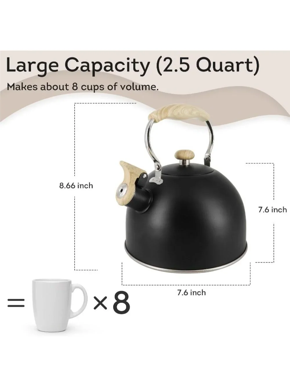 Matte Black Kitchen Whistling Tea Kettle 2 Quart Stainless Steel Stovetop Teapot
